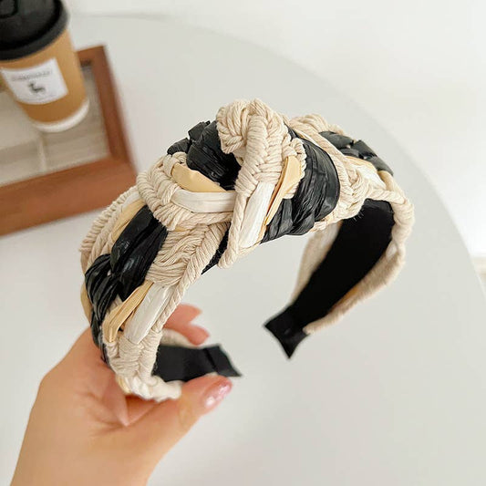Artisanal Natural Straw Headband in Cream/Black