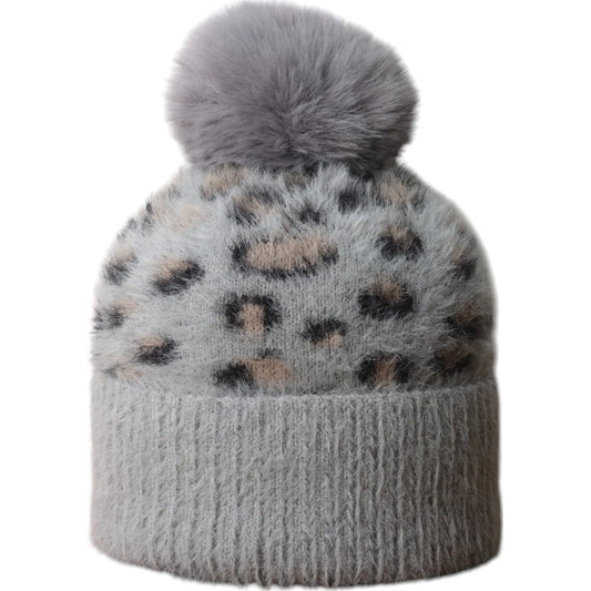 Jess & Lou Grey Leopard Fluffy Bobble Hat