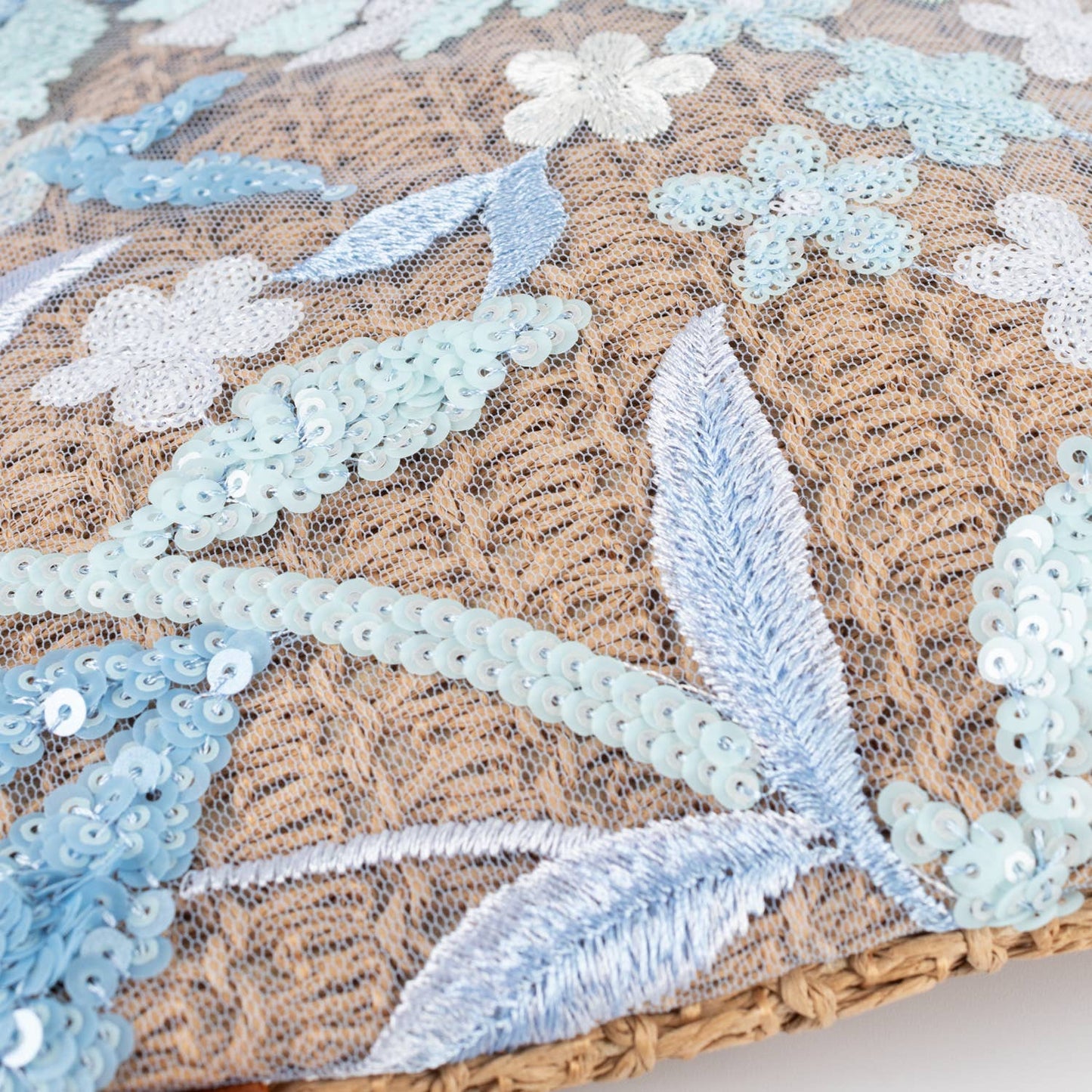 Textured Straw Clutch with Flowers Sequins