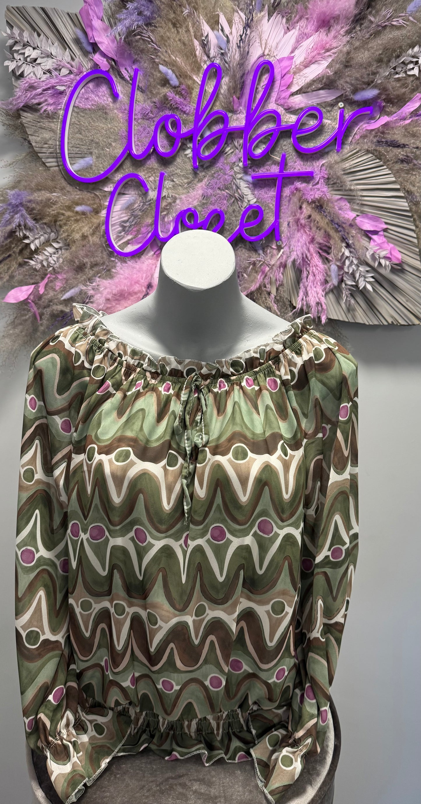 Wave Print Ruffle Bardot Blouse