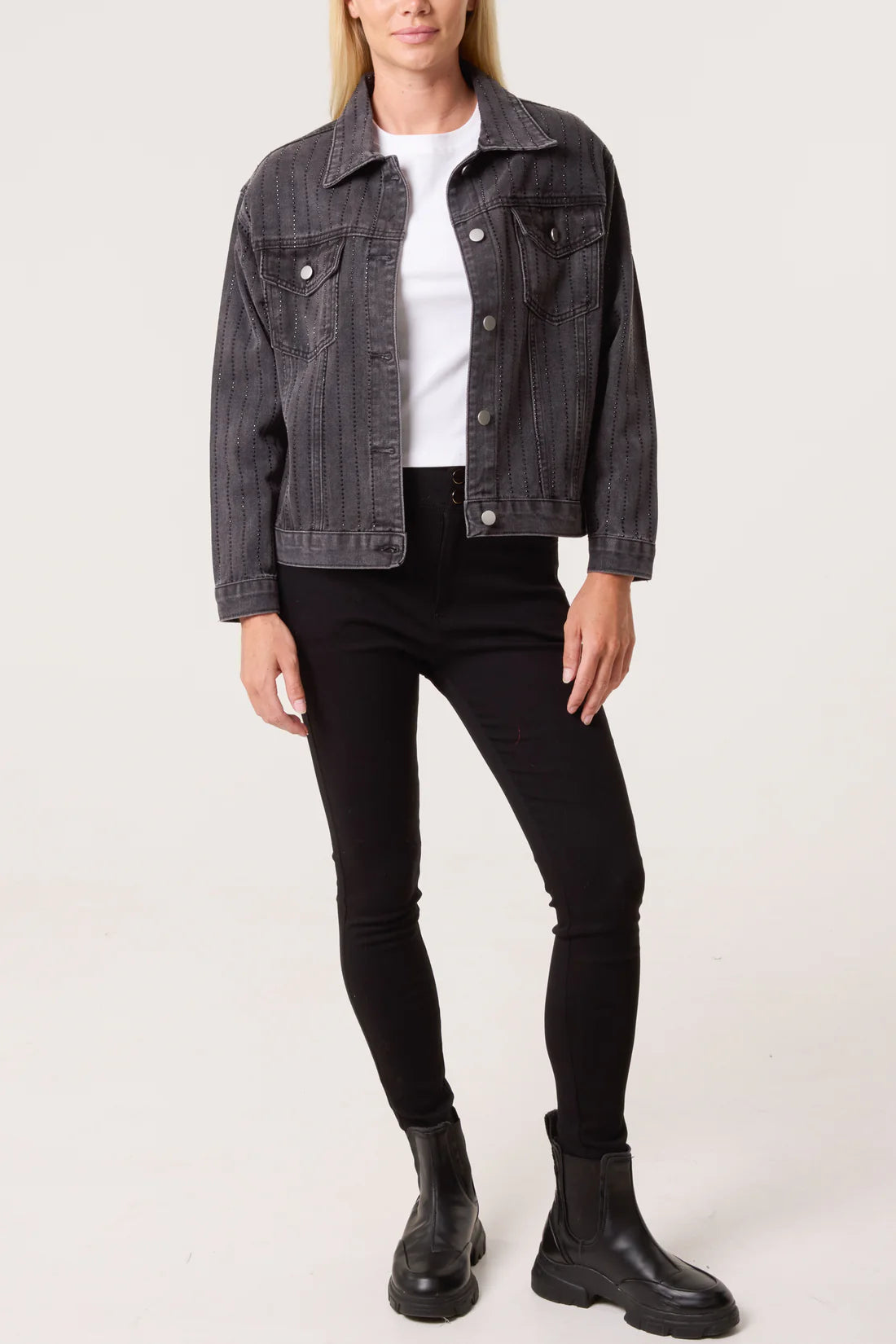 Black Diamante Striped Denim Jacket