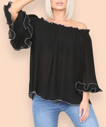 Luisa - Long Sleeve Contrast Edge Pleated Bardot Blouse