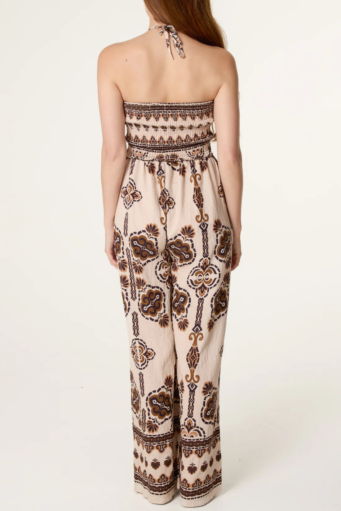 Beige and Brown Tribal Print Jumpsuit with Shirred Bodice, Halter-Neck and Wide Leg