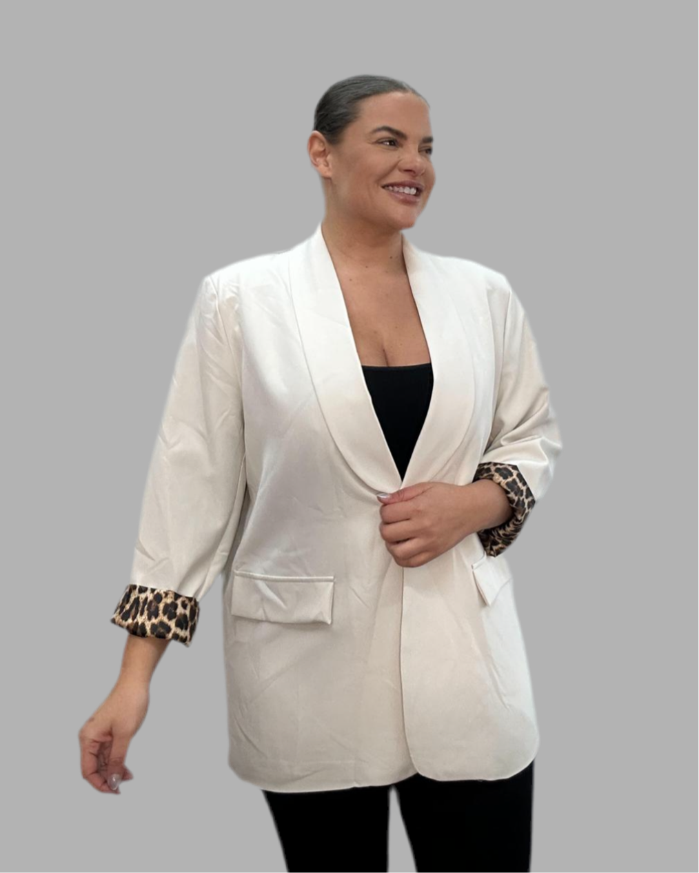 Plus Size Beige Leopard Detail Blazer