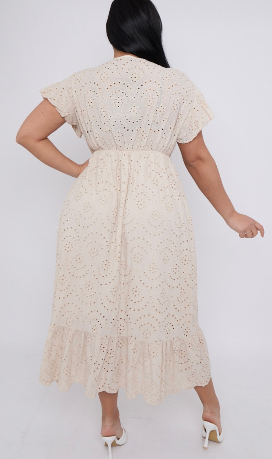 Emily Plus Size Broderie Lace Wrap Top Frill Sleeves Dress