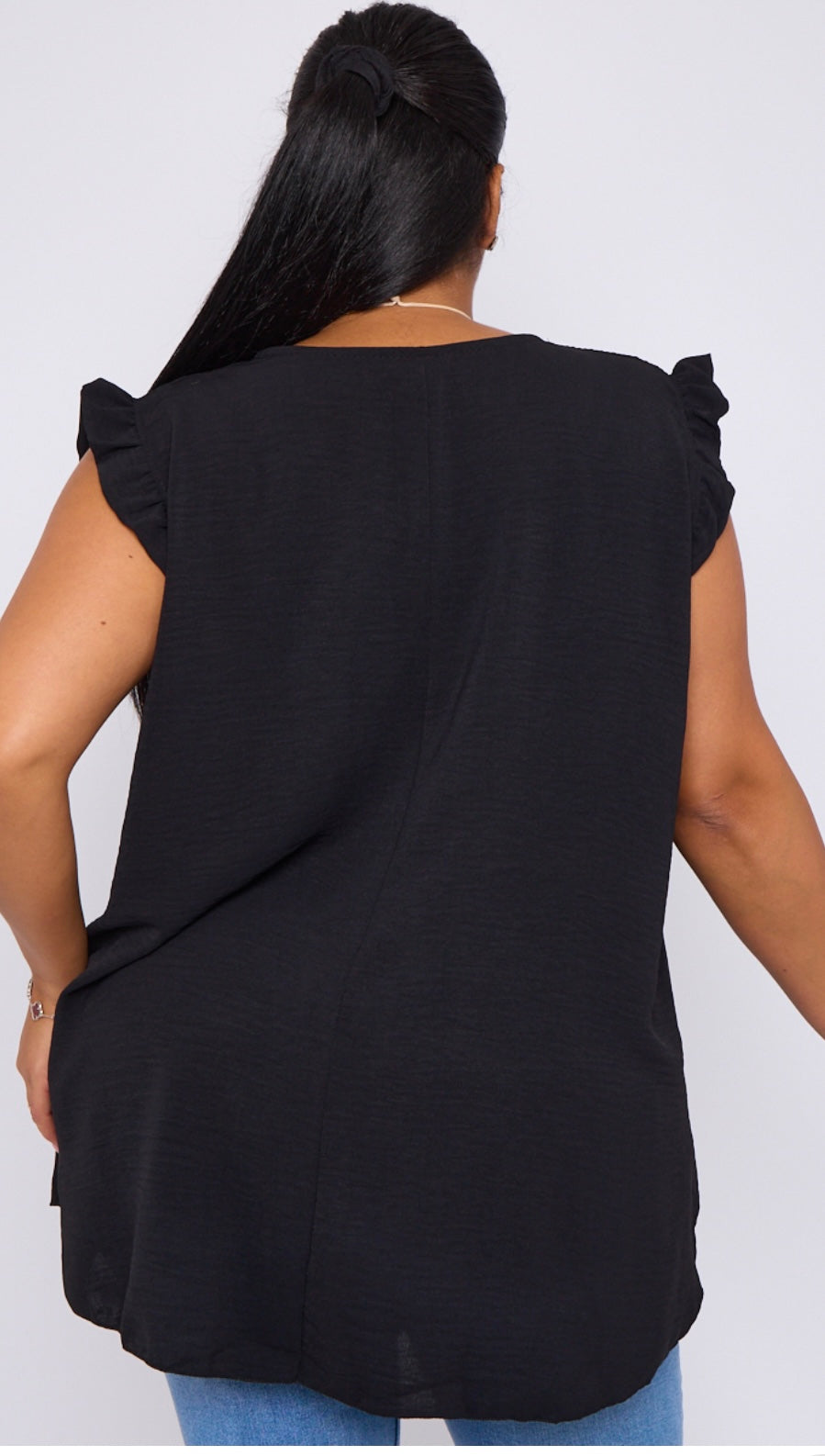 Plus Size Navy Ruffle Sleeve Round Neck Top with Necklace