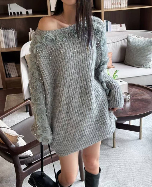 Grey Knit Jumper with Floral Appliqué