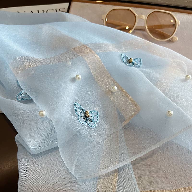 Blue Silk Scarf with Embroidered Butterflies & Pearls
