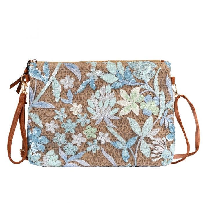 Textured Straw Clutch with Flowers Sequins