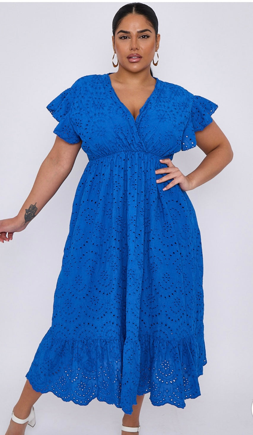 Emily Plus Size Broderie Lace Wrap Top Frill Sleeves Dress