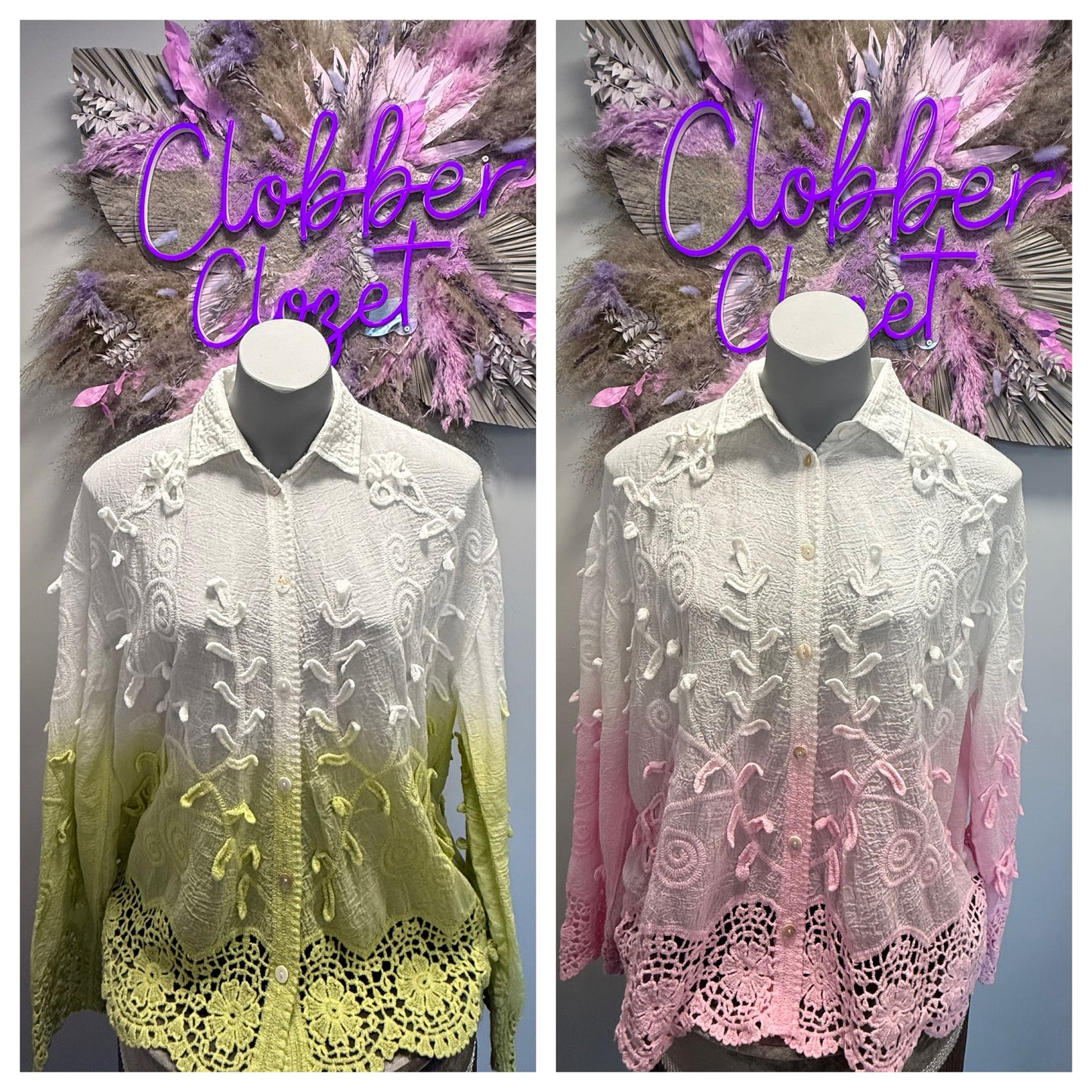 Freya Petal Embossed Dip Dye Crochet Trim Shirt