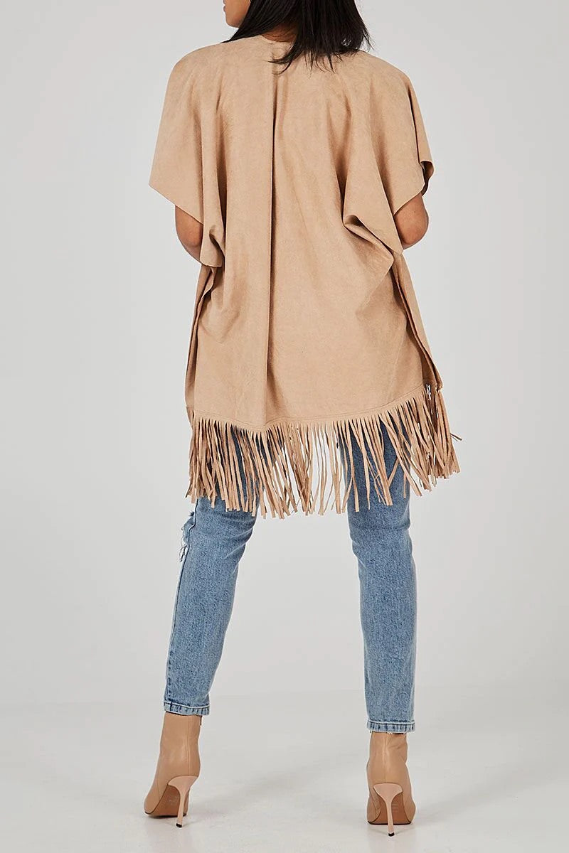 Madison - Suede Look Floral Cut Out Fringe Cardigan - Beige