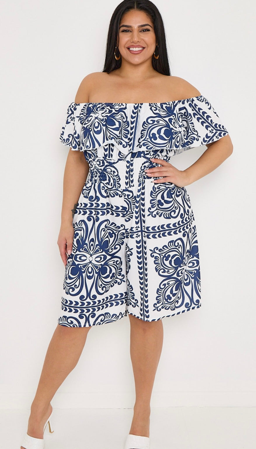 Plus Size Navy Printed Bardot Overlay Shirred Waist Playsuit