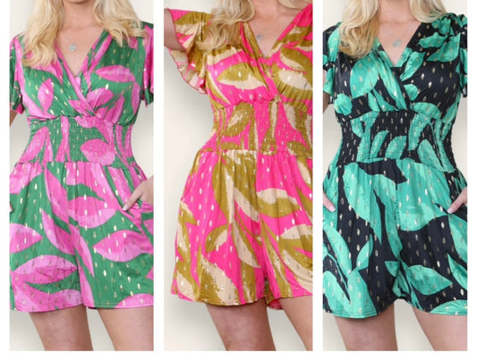 Millie Tropical Leaf and Gold Foil Playsuit