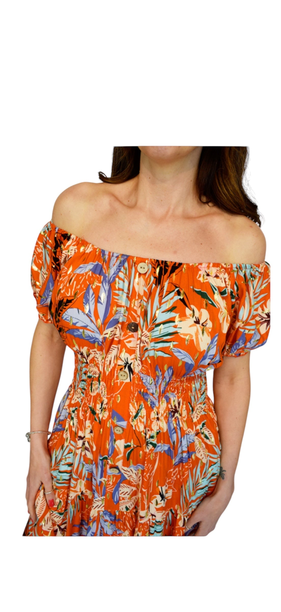 Amelia Gold Foil Flower Print Button Bardot Maxi
Dress