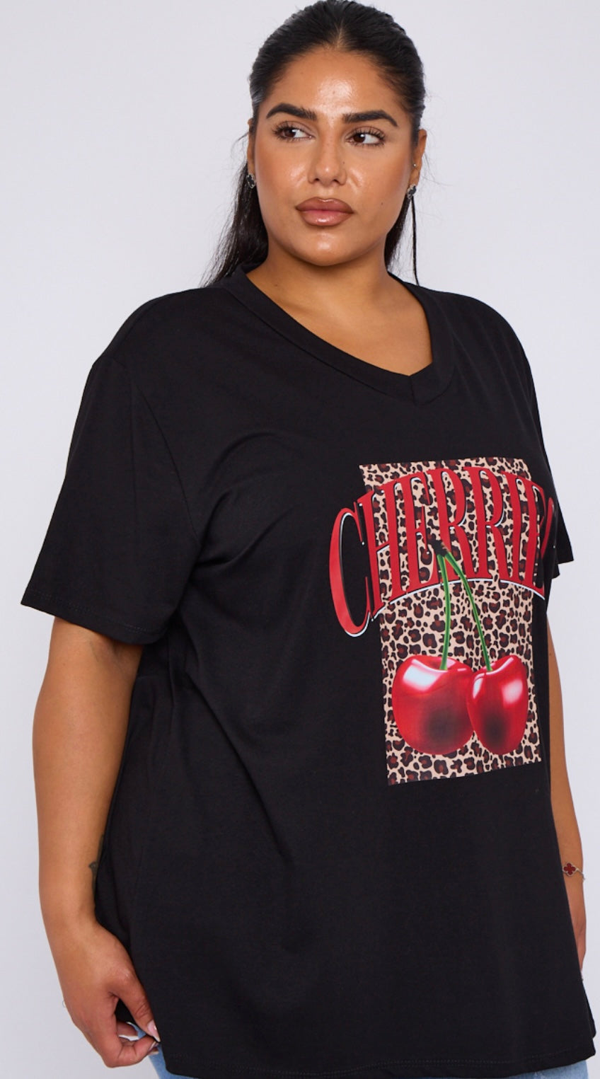 Plus Size Black Cherries Slogan Short Sleeve T Shirt