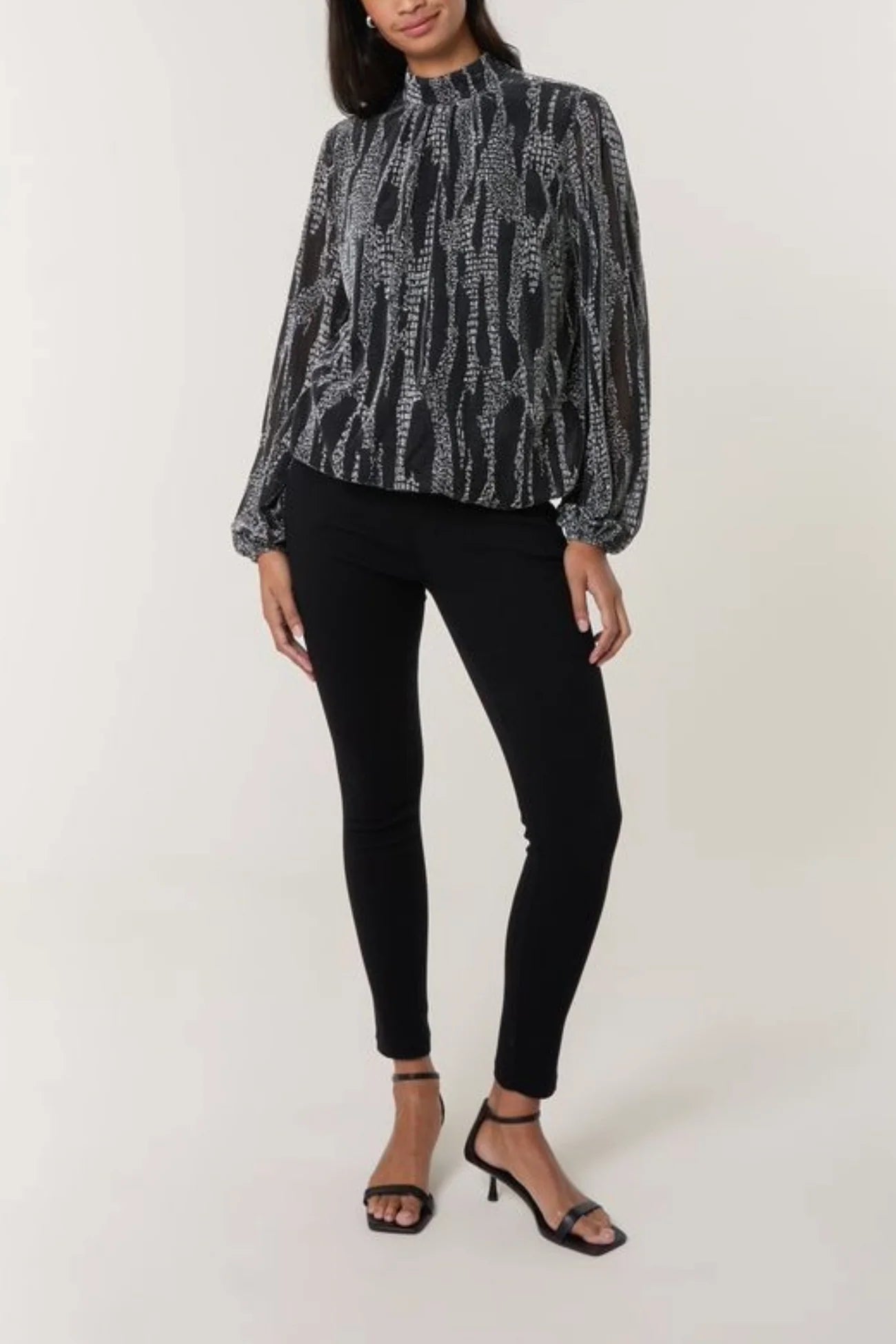 Snake Print High Neck Black and Silver Puffball Blouse