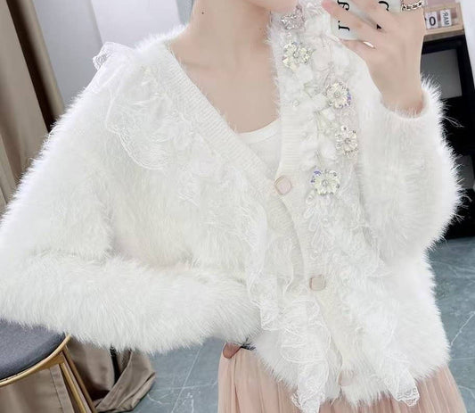 Ivory Faux Fur Cardigan with Side Sparkling Flowers