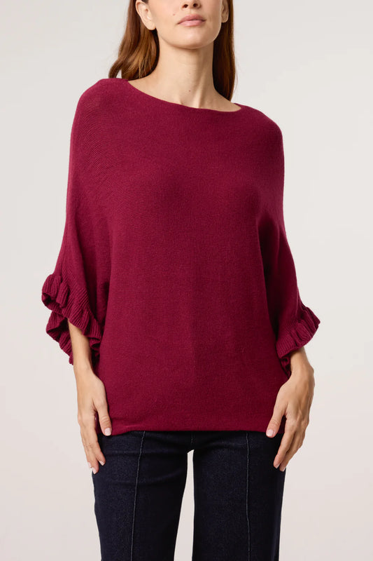 Wine Ruffle Short Sleeve Knit Top