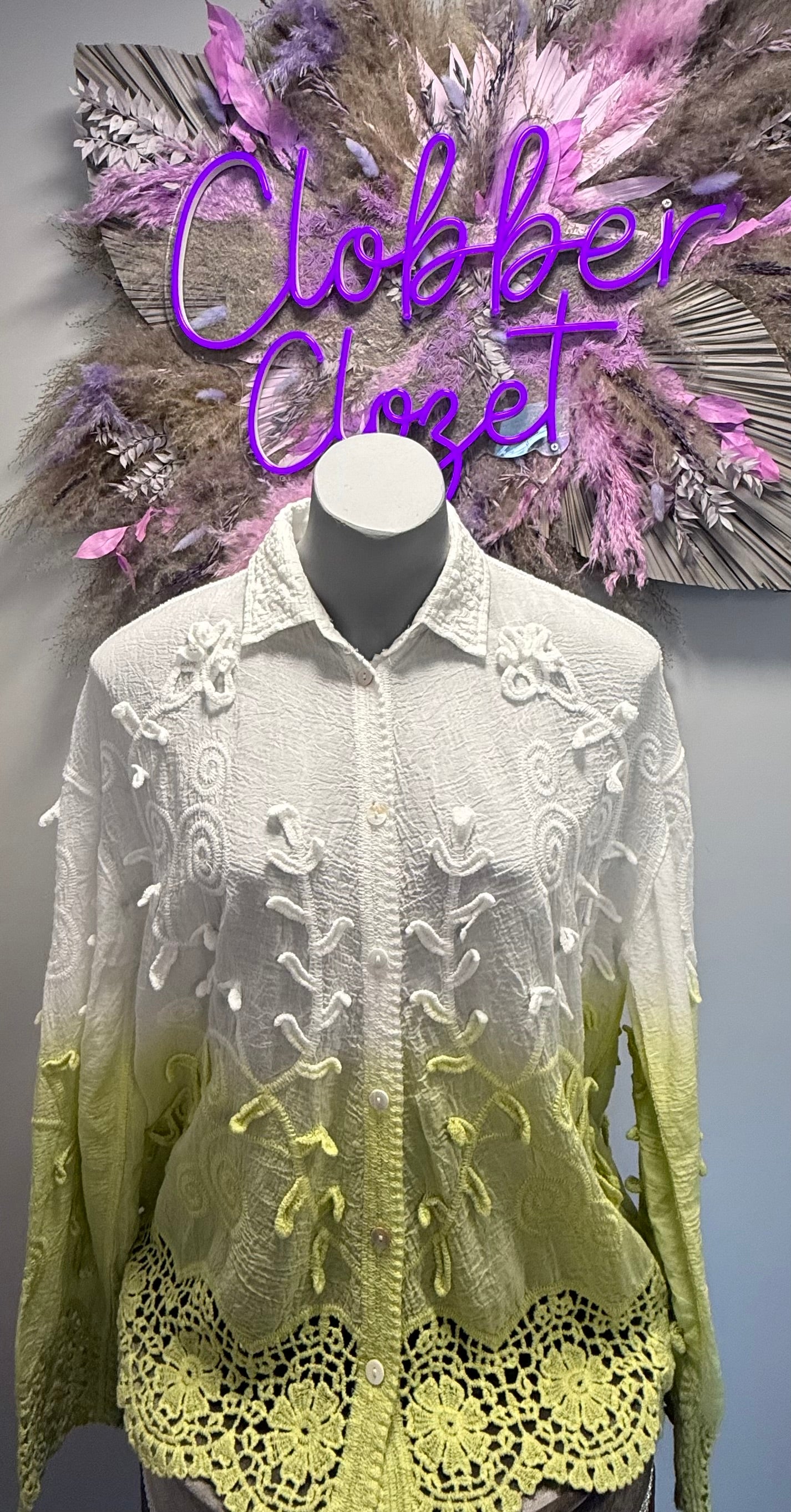 Freya Petal Embossed Dip Dye Crochet Trim Shirt