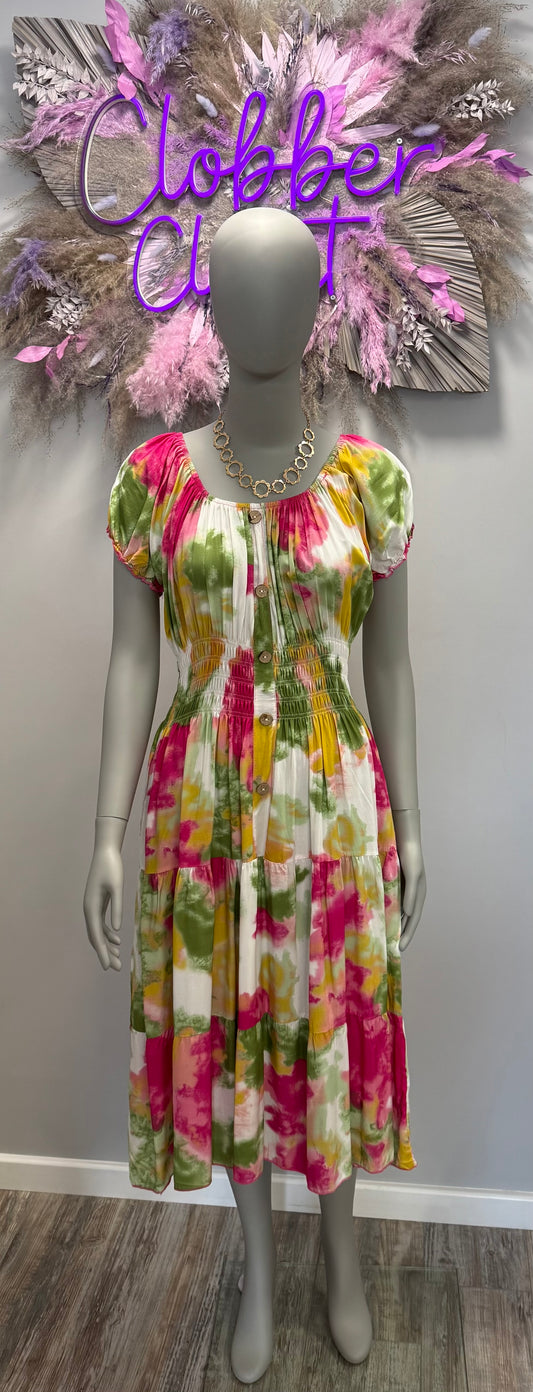 Water Colour Bardot Midi Dress with Pockets