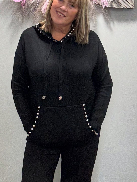 Black Fine Knit Crystal Stud Pocket Hoodie