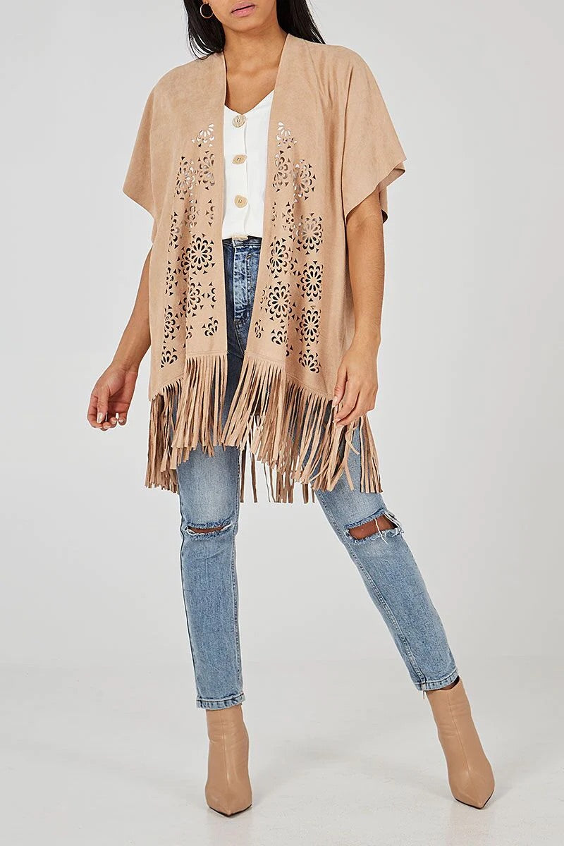 Madison - Suede Look Floral Cut Out Fringe Cardigan - Beige