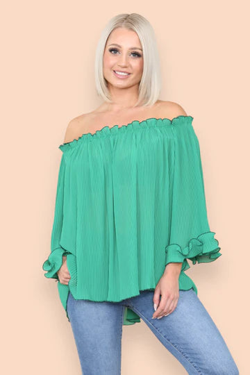 Luisa - Long Sleeve Contrast Edge Pleated Bardot Blouse