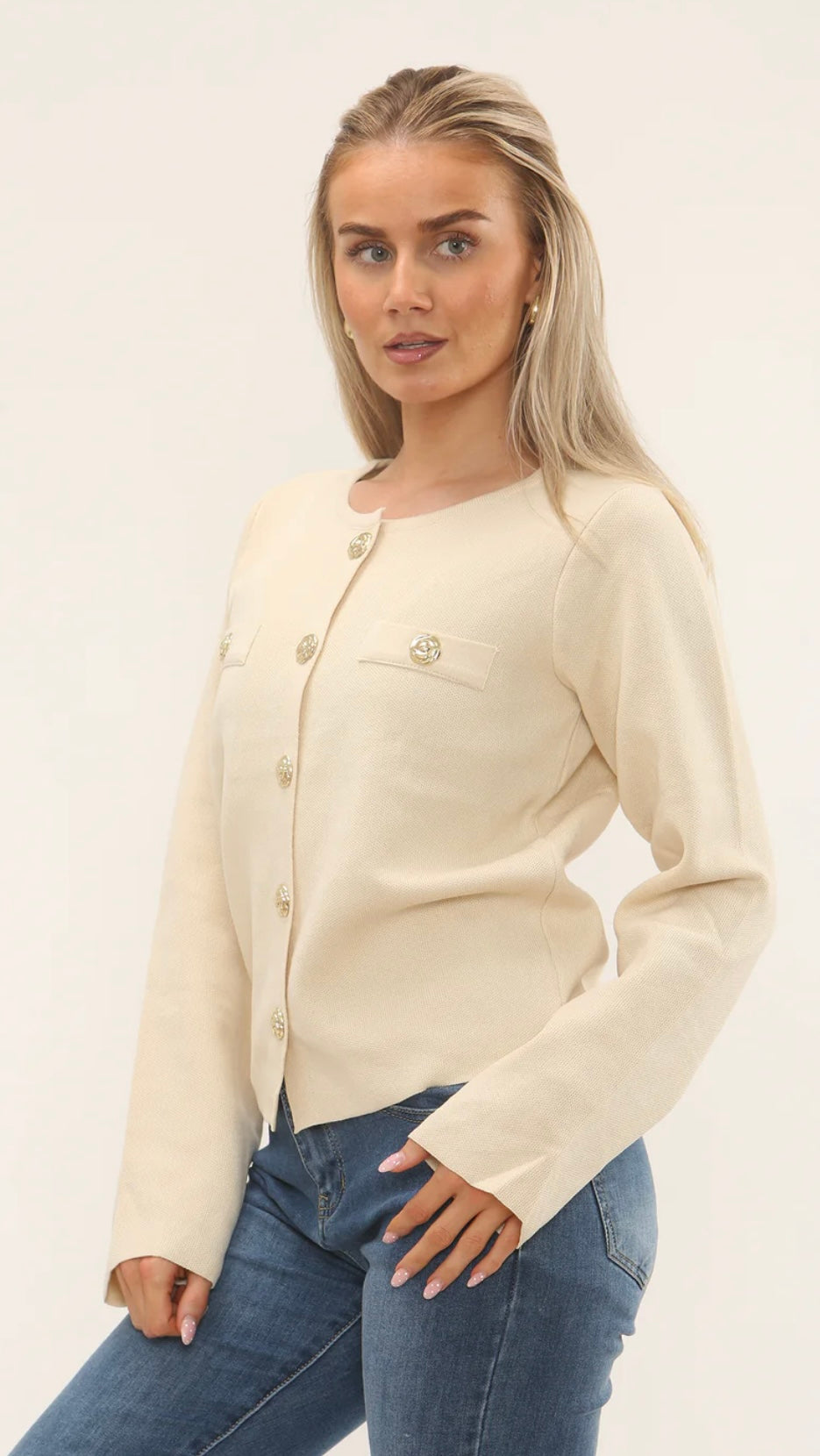Margot Crew Neck Gold Popper Button Knitted Cardigan