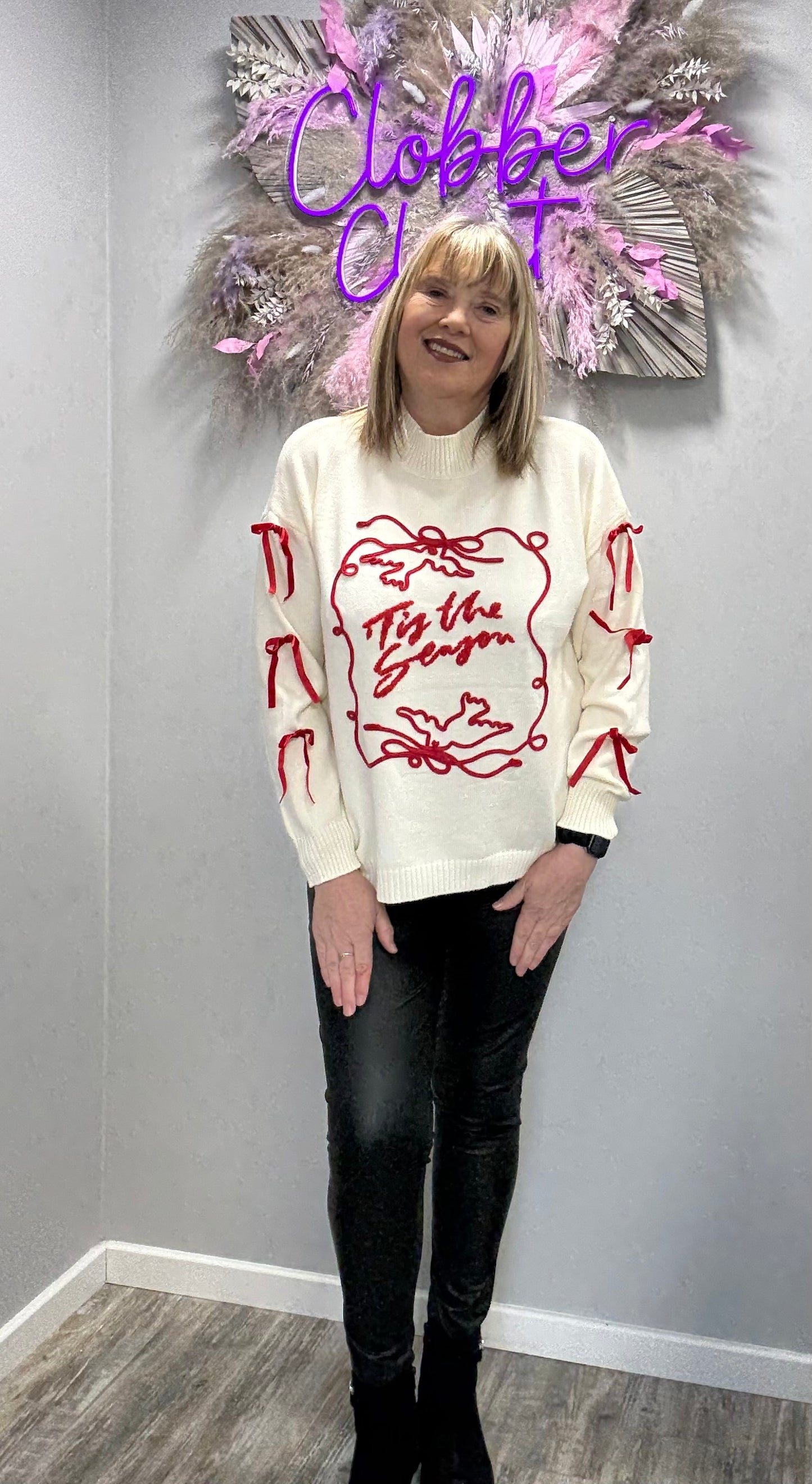 Tis The Season Embroidery Bow Christmas Jumper