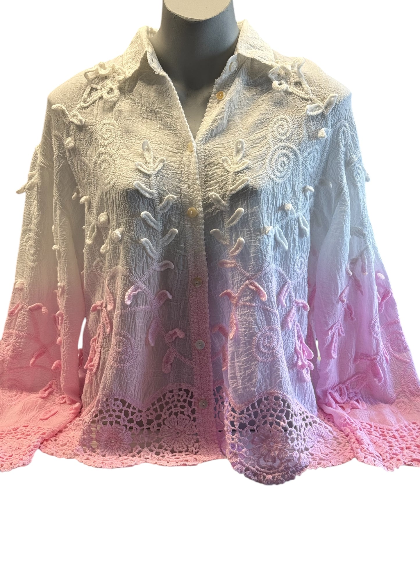 Freya Petal Embossed Dip Dye Crochet Trim Shirt
