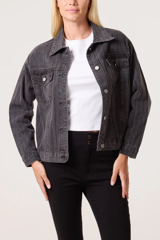 Black Diamante Striped Denim Jacket