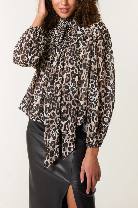 High Tie Neck Diamante Animal Blouse