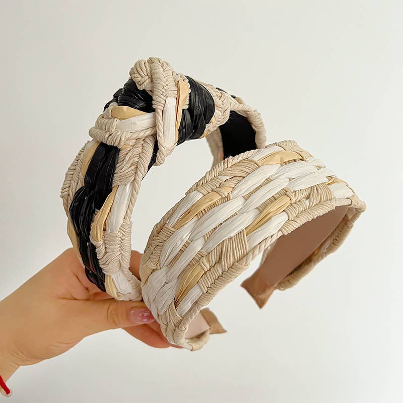 Artisanal Natural Straw Headband in Cream/Black