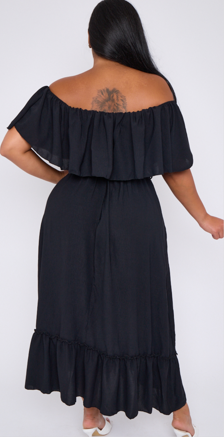 Traci Curve Black Bardot Overlay Tie Waist Dress With Pockets