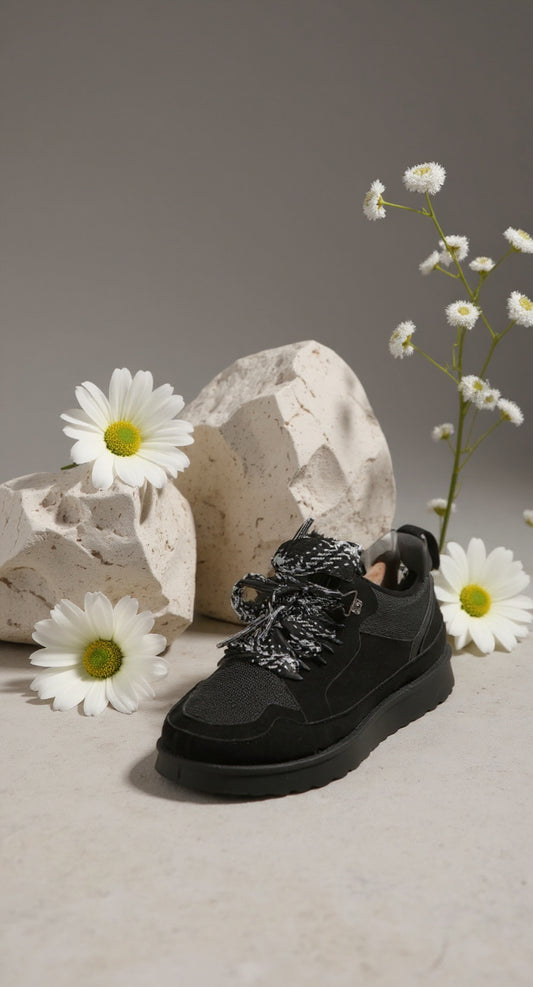 Black Designer Inspired Fur Lined Lace Up Trainers