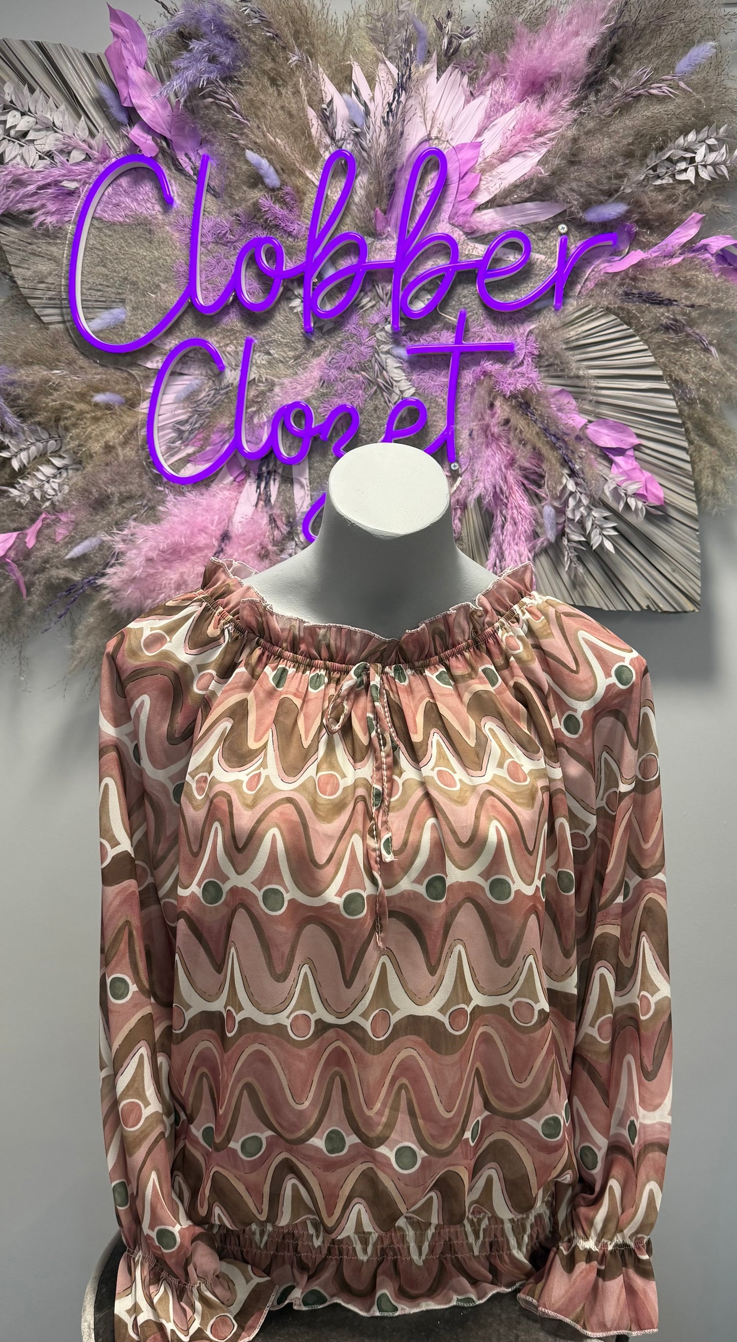 Wave Print Ruffle Bardot Blouse