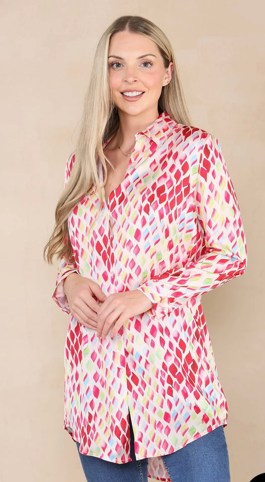 Pink Geo Print Bubble Satin Shirt