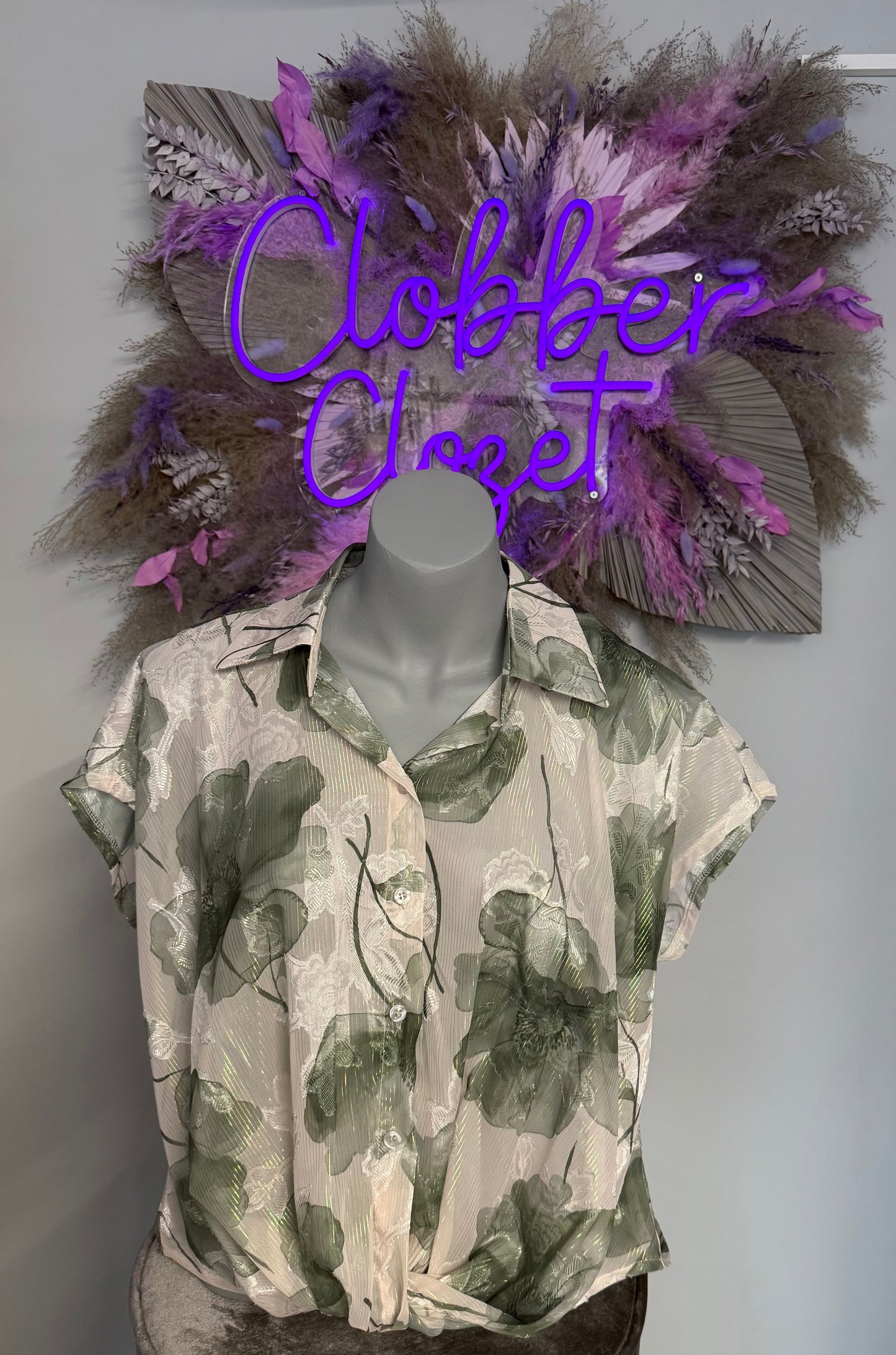 Floral Shimmer Silky Tie Button Blouse