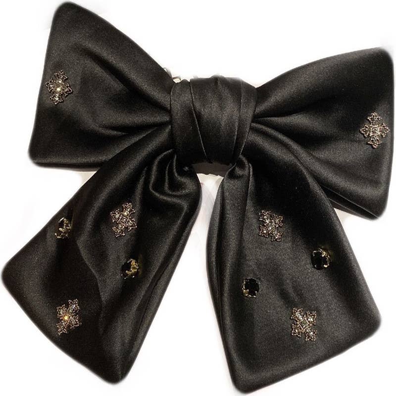Satin hair clip bow with crystals in Black