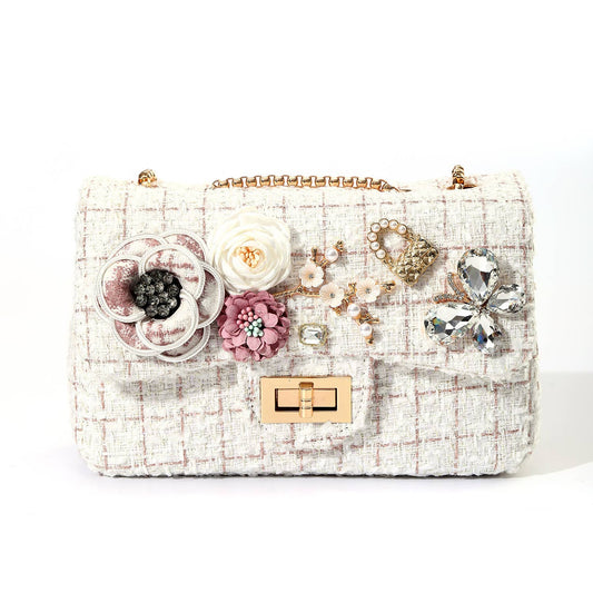 Tweed Checks Handbag with Butterfly in Cream/Blush