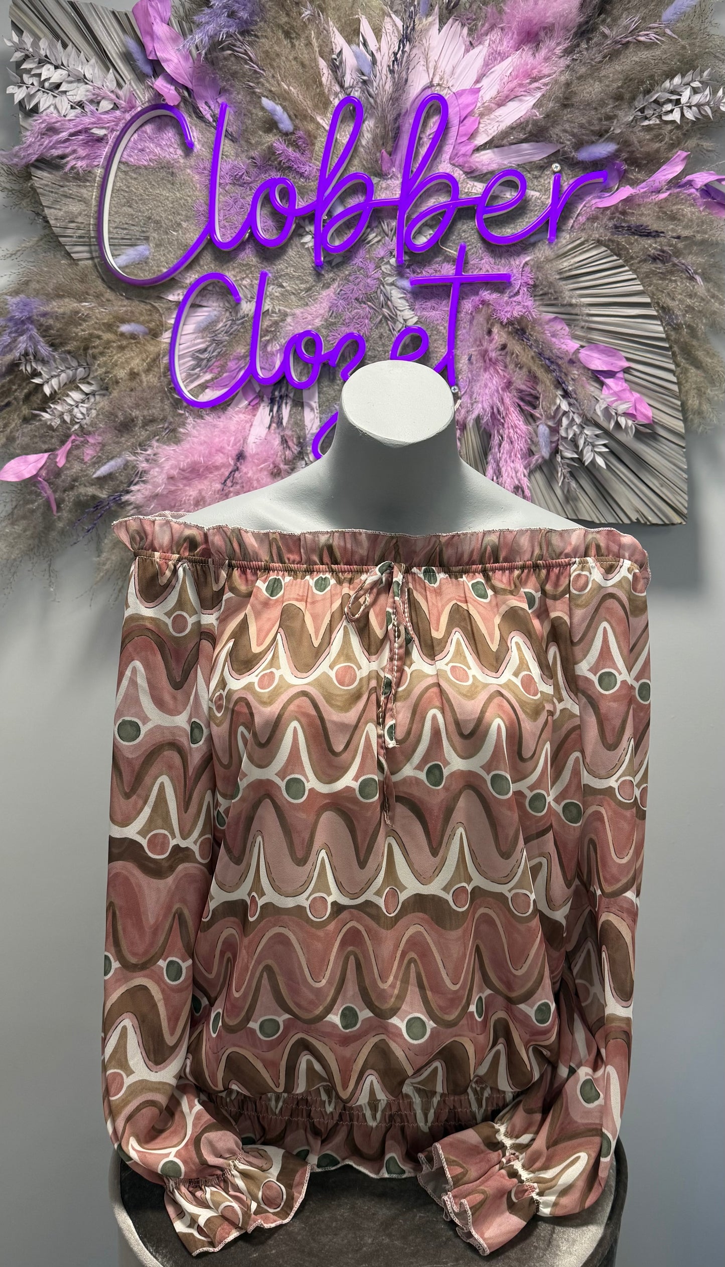 Wave Print Ruffle Bardot Blouse