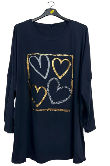 Italian Metallic Foil Hearts Oversized Longline Top