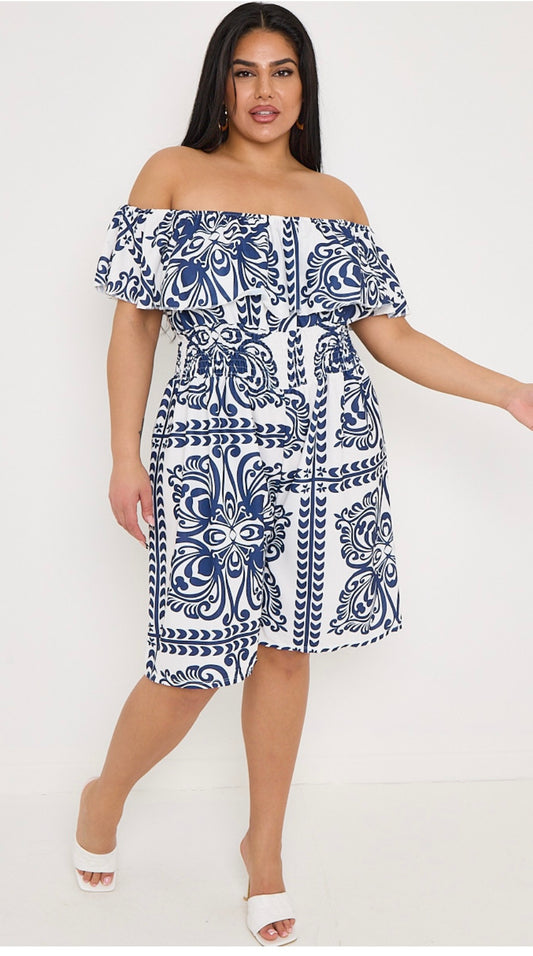 Plus Size Navy Printed Bardot Overlay Shirred Waist Playsuit