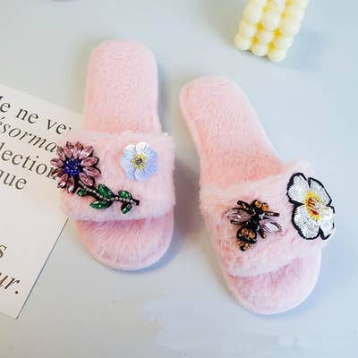 Crystal flowers and bee embellished slippers in Pink: 37-38