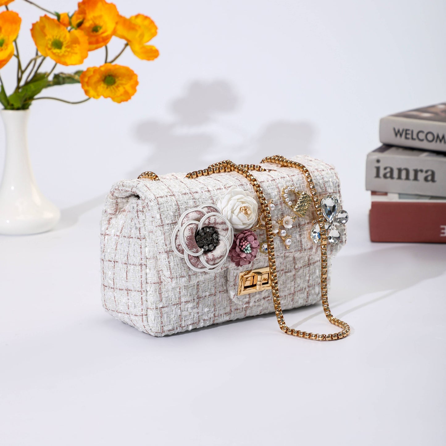Tweed Checks Handbag with Butterfly in Cream/Blush