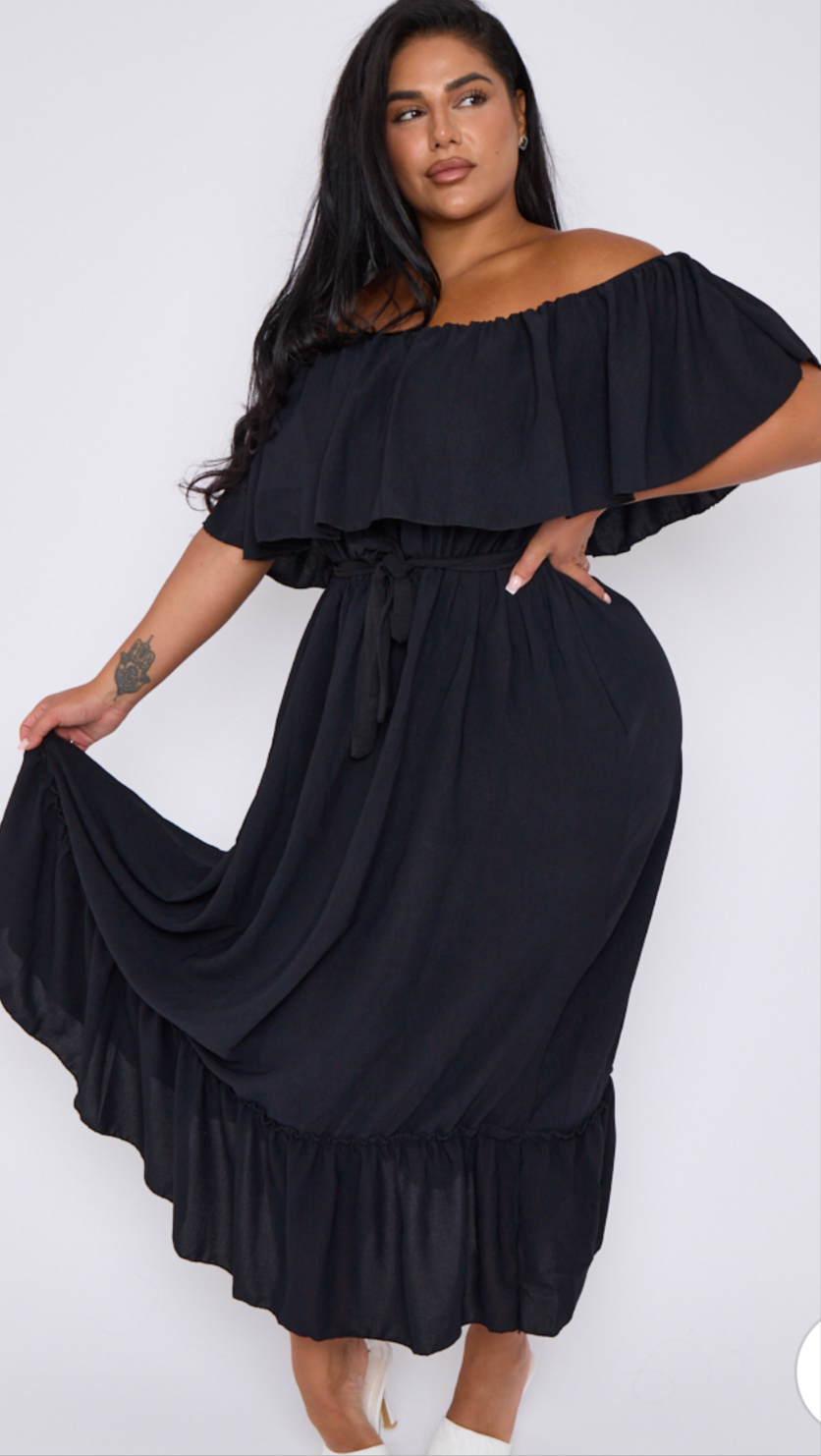 Traci Curve Black Bardot Overlay Tie Waist Dress With Pockets