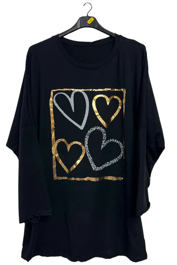 Italian Metallic Foil Hearts Oversized Longline Top