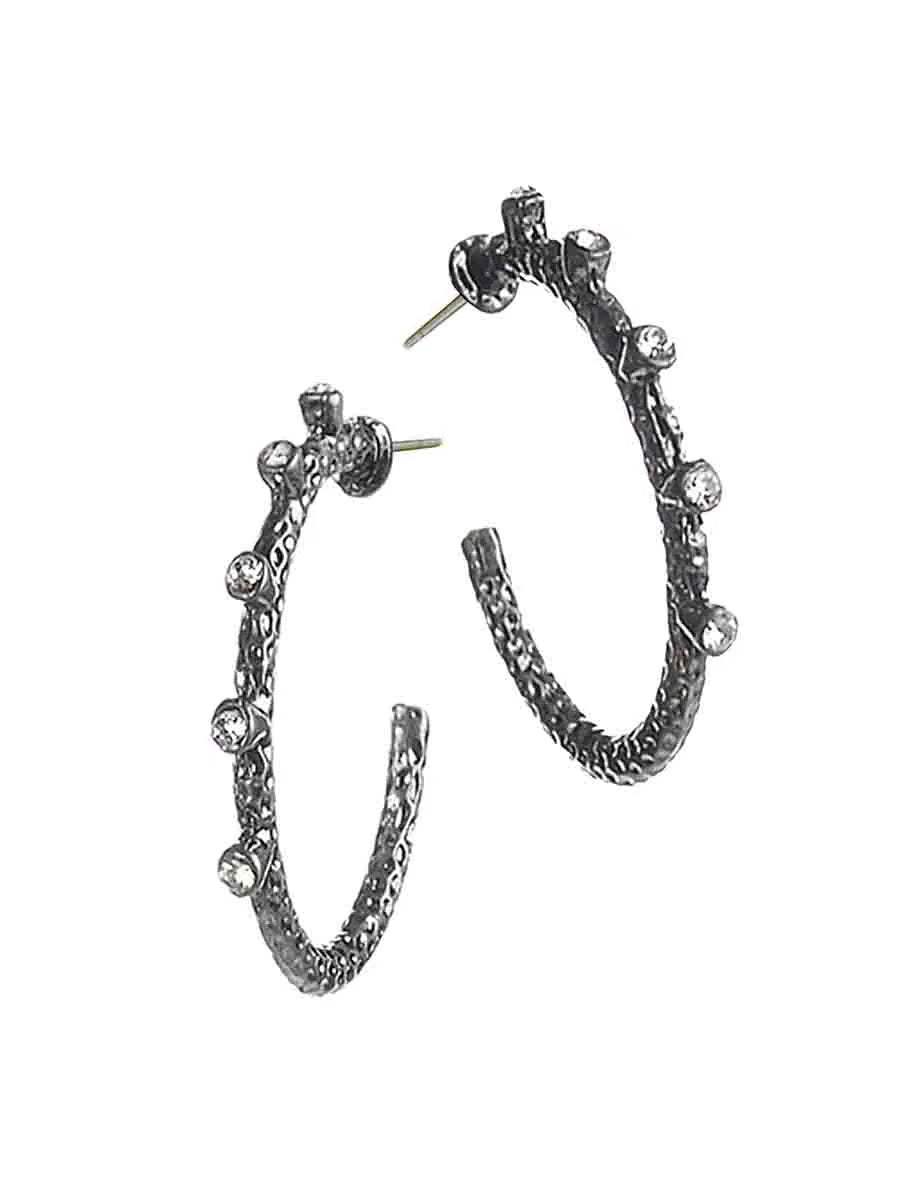 Textured Hoops W/ Five Sister Crystals - Gun Metal
