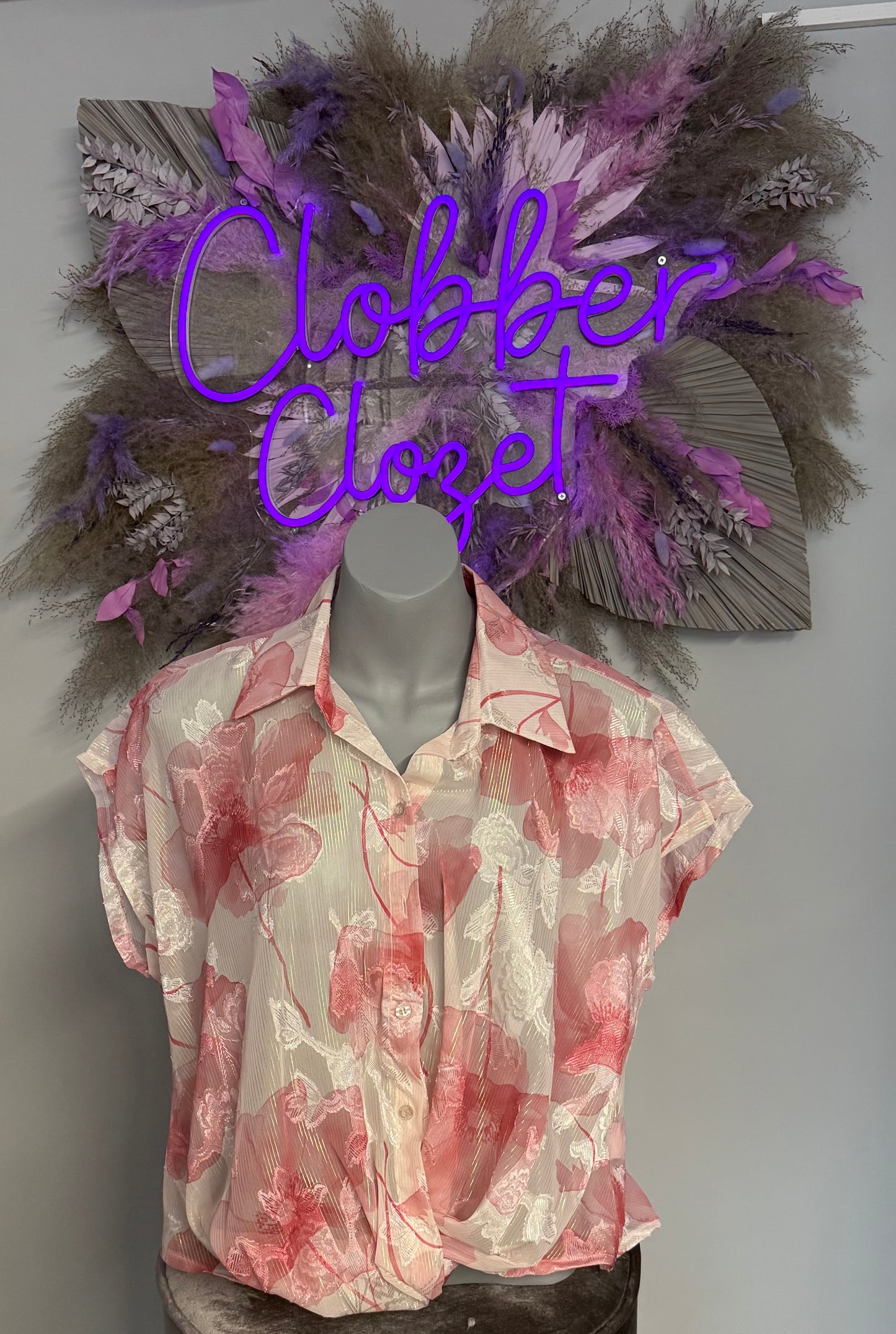 Floral Shimmer Silky Tie Button Blouse